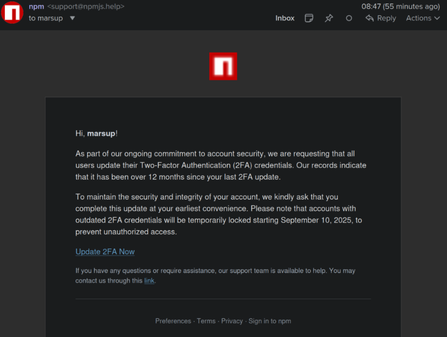 Sample Phishing email targeting NPM maintainers